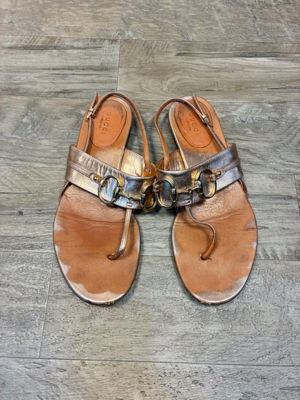 Gucci Italy Horsebit Thong Slingback Rose Gold Sandals - Picture 7 of 15